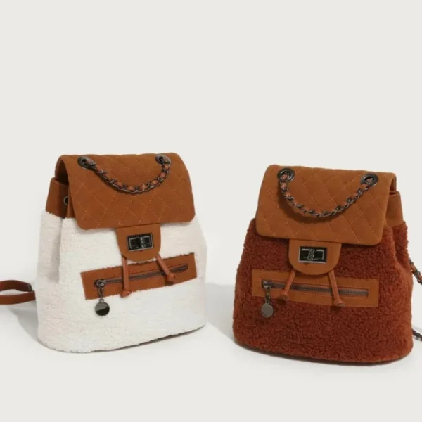 Sac à dos à main en peluche deux marron et blanc